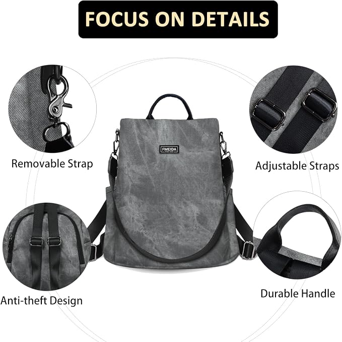 Convertible Backpack Purse for Women Anti Theft Nylon Backpack Grey | Hidden Back Zipper Opening, Compact Travel Size,PU Leather, Daypack for College Work, Fits 13-inch laptop - Image 5
