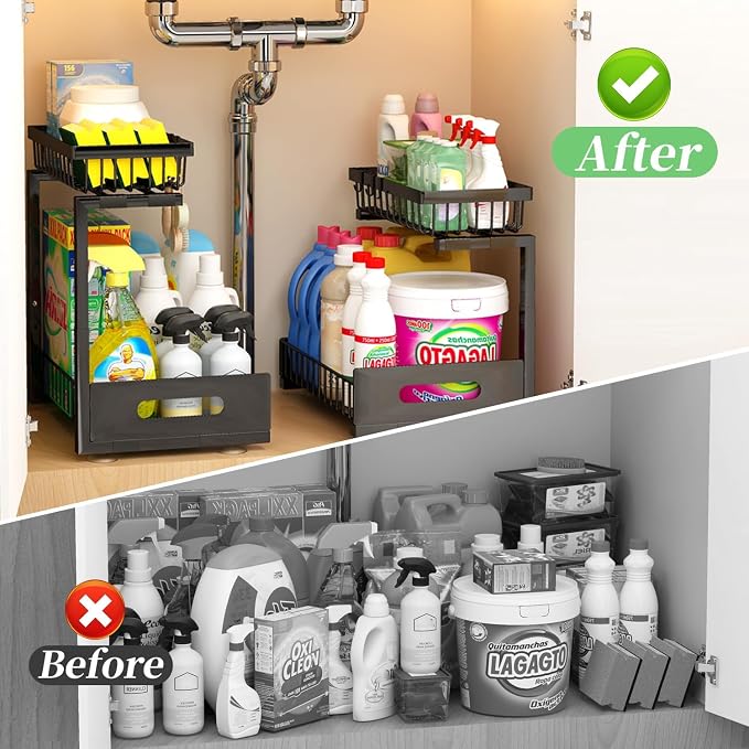 Adoymiro Under Sink Organizer, Adjustable Shelves, 2 Pack Pull Out Cabinet Organizer Slide Out Sink Shelf Cabinet Storage Shelves, Under Sink Storage for Kitchen Bathroom Cabinet - Image 6