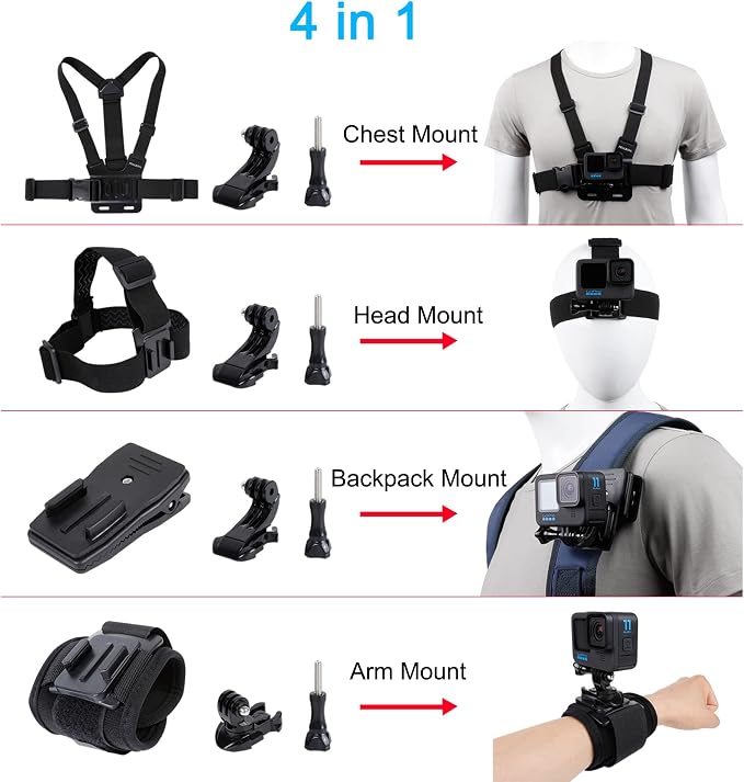 PellKing Accessories Set for GoPro Hero 13/12/11/10/9/8/7/6/5/Mission 1 Pro | New Quick Release Head Strap Mount + Chest Mount Harness + Backpack Clip Holder + 360°Rotating Wrist Strap for DJI Action 6 5 - Image 2