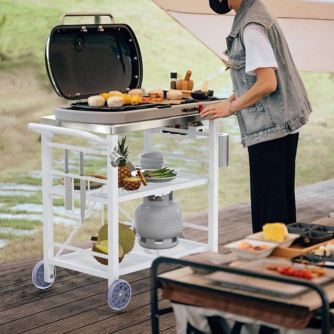 Semoprus Folding Grill Table with Storage Rack, Stainless Steel Grill Cart | 3 Shelf, Portable, Waterproof, Sturdy, Griddle Stand Fit 17 & 22 inch and Ninja, Camping Kitchen Station, Easy Assembly - Image 6