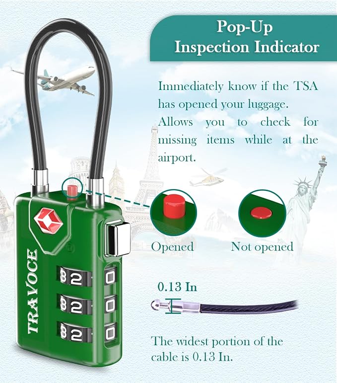 TSA Approved Luggage Locks, Combination Cable Locks, 2 Pack, Green | Search Alert shows TSA key access; resettable 3-digit code and flexible braided steel cable for suitcases and backpacks. - Image 5
