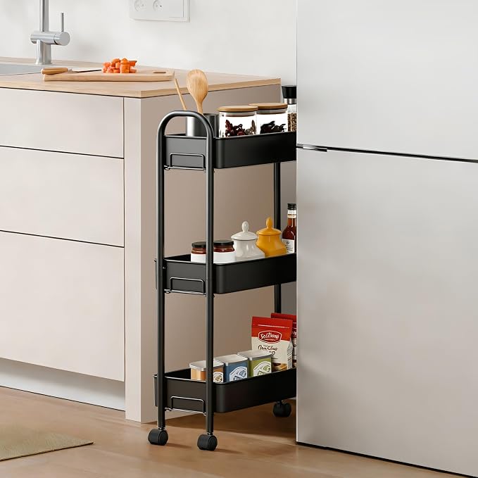 Slim Rolling Cart, Metal Frame Utility Rolling 3-Tier Narrow Storage Cart | Kitchen Storage Organizer, Mobile Shelving Unit for Bathroom Kitchen - Image 3