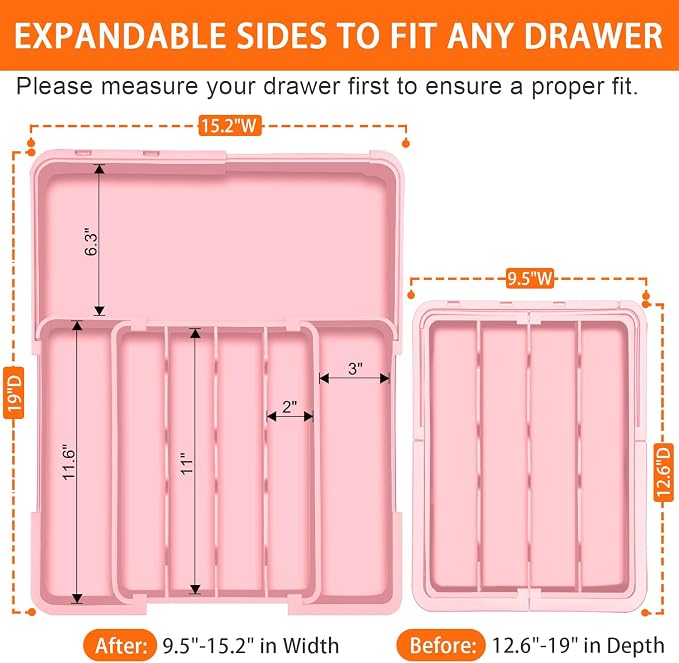 Silverware Organizer - Expandable Silverware Drawer Organizer, Adjustable Drawer Organizer, Silverware Tray for Drawer 15.2"x 19" Utensil Drawer Organizer, Kitchen Organizers Storage, Pink - Image 2