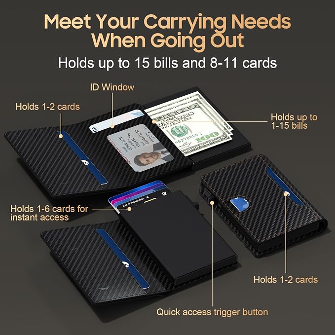 Wallet for Men 8-11 Cards, Smart Pop Up Card Wallet, Anti-Theft Rfid Blocking Wallets With Cash Slots ID Window, Ultra Thin, Front Pocket (Carbon Fiber) - Image 2