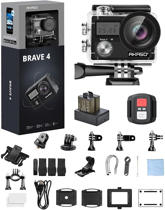 AKASO Brave 4 Action Camera 4K Ultra HD Video Waterproof Underwater Camera | 20MP Photo WiFi 170° FOV 5X Zoom Image Stabilization Sport Camera for Snorkel Travel with 2xBatteries Helmet Accessories Kit by AKASO