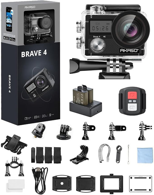 AKASO Brave 4 Action Camera 4K Ultra HD Video Waterproof Underwater Camera | 20MP Photo WiFi 170° FOV 5X Zoom Image Stabilization Sport Camera for Snorkel Travel with 2xBatteries Helmet Accessories Kit by AKASO