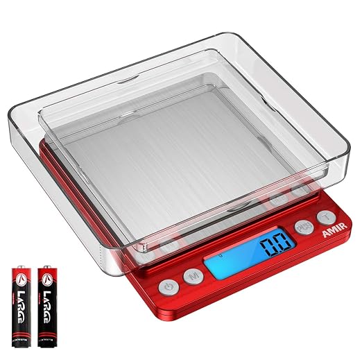 Digital Kitchen Scale, 3000g Pocket Cooking Scale with 0.1g Accuracy, Mini Food Scale, Pro Electronic Jewelry Scale with Back-Lit LCD Display, Tare & PCS Functions (Red, Batteries Included) by AMIR