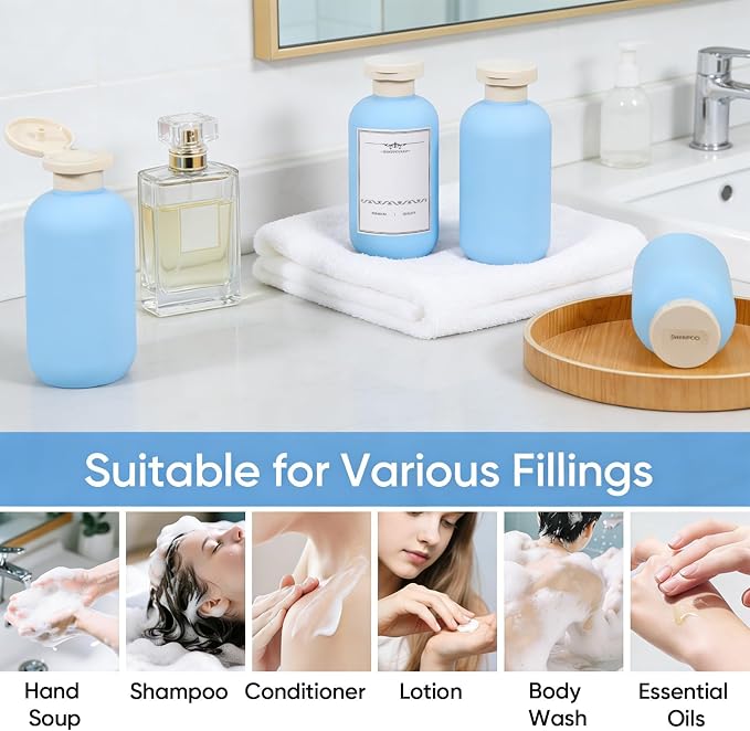 DEMORA 6.6oz Travel Bottles for Toiletries, Larger Plastic Travel Squeeze Bottles Leak Proof Refillable Toiletry Containers with Flip Caps and Labels for Shampoo Conditioner Lotion (Blue, 4 Pcs) - Image 6