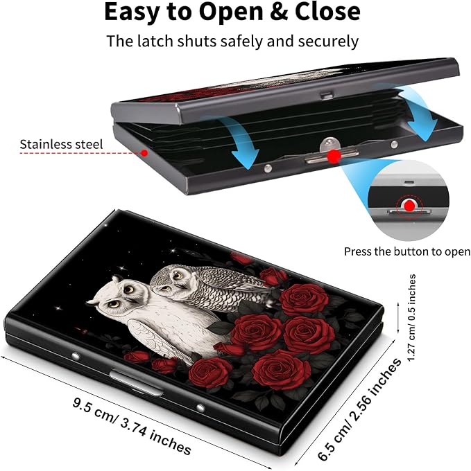 Metal Wallet,Credit Card Holder for Women Men,RFID Blocking Card Holder Wallet Mini Slim Aluminum Wallet ID Case Hard Card Case Business Card Holder Case,Owl Red Flower - Image 5