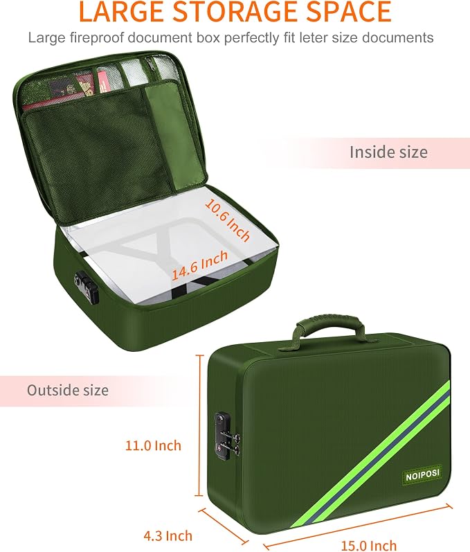 Fireproof Document Box with Lock 5200℉ Water Resistant | Portable ,Home ,Travel Strong Document Storage Organizer with 7 pockets for Important Documents and File ,Green - Image 6
