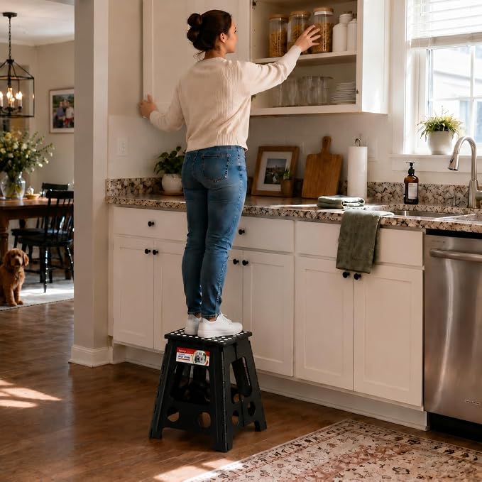 16 Inch Folding Step Stool, Heavy Duty, 400 lbs, Black | Lightweight Collapsible Stepping Stool for Adults with Handle, Non-Slip, for Kitchen, Bathroom, Bedroom and Outdoor Use - Image 6