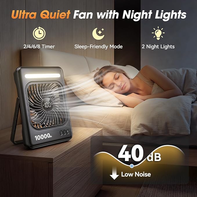 10000mAh Portable Travel Fan, 5 Speeds Strong Wind Cruise Fan with LED Lantern, 24H Runtime Personal Rechargeable Fan, 2/4/6/8H Timer, Ultra-thin Quiet Desk Fan for Camping, Office, Bedroom, Beach - Image 3