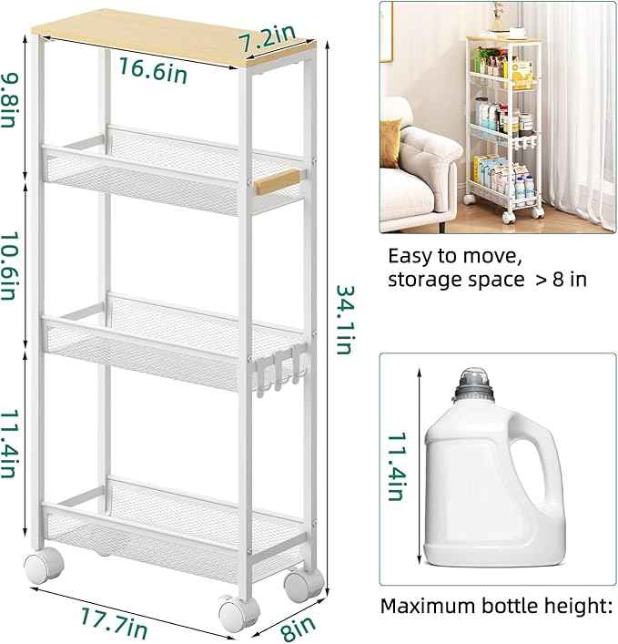 4-Tier Slim Utility Rolling Laundry Cart with Wheels, Easy to Assemble | 7.2" Wide for Narrow Spaces, Wood Top with Metal Frame, Mobile Storage Shelves for Bathroom, Kitchen, Office - Image 5