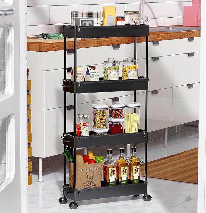 SPACEKEEPER Slim Rolling Storage Cart, 4 Tier Bathroom Cart Organizer,Black | Narrow Rolling Cart with Wheels for Kitchen Office Bathroom Laundry Room,Mobile Utility Cart for Craft Art Makeup Nail Polish - Image 8