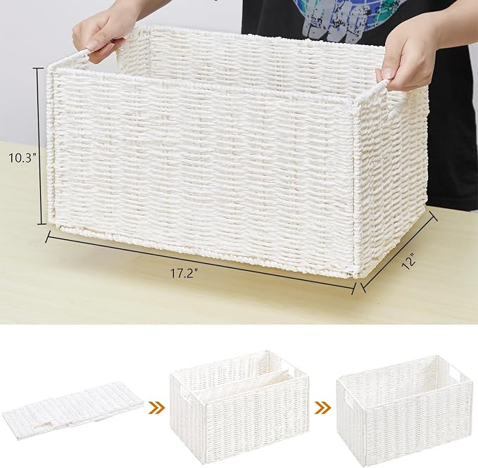 Wicker Storage Basket, Set of 2 Hand-Woven Paper Rope Wicker Basket, Large Storage Baskets for Organizing, Foldable Large Cube Storage Organizer Bins for Shelves (White) - Image 2