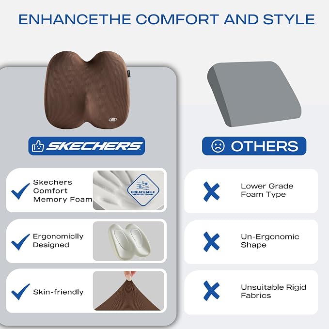 Skechers Seat Cushion, Ergonomic Memory Foam Cushion for Long Sitting Hours on Office & Home Chair, Car Seat Cushion for Sciatica, Coccyx Cushion,Brown - Image 6