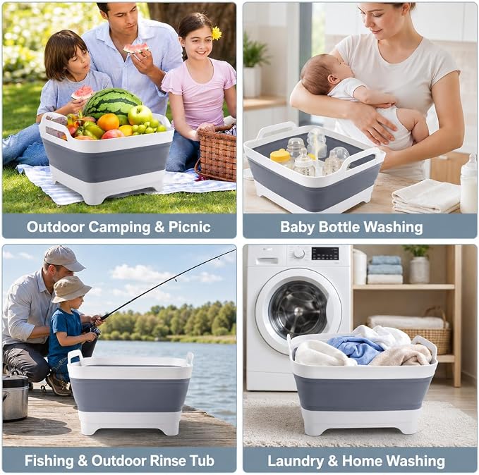 Collapsible Dish Basin with Drain Plug, Foldable Wash Basin 2.4 Gal (9L) | Portable Sink Tub for Kitchen, Baby Bottles, Camping, RV, Vegetable Washing and Beverage Tub, Gray - Image 8