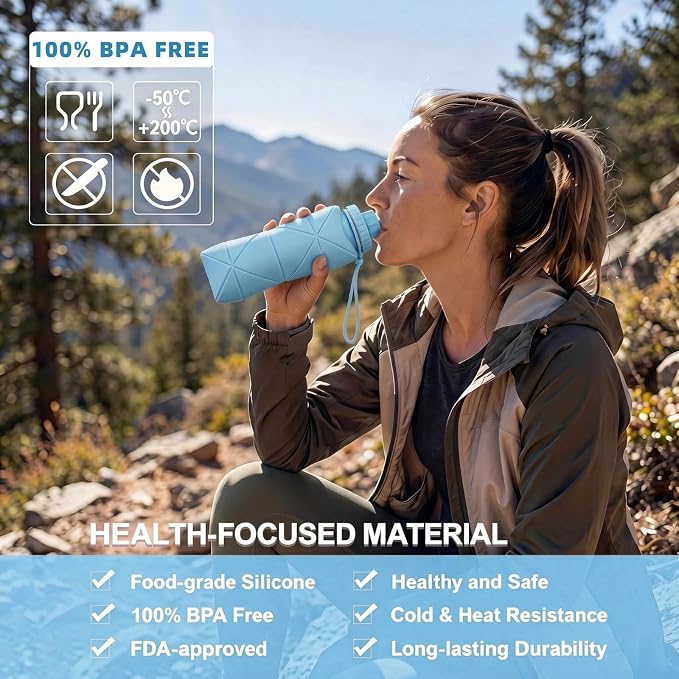 Collapsible Travel Water Bottle 28oz (800ml), BPA-Free, Foldable Silicone Lightweight Reusable Water Bottle with Leak-Proof Lid & Lanyard, Portable for Travel Cycling Gym Camping - Image 4
