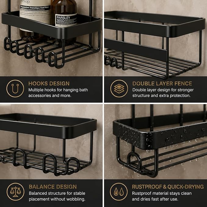 3-Tier Corner Shower Caddy, No-Drill Adhesive Bathroom Shelf Organizer with Hooks, Rustproof Metal Wall Mount Storage Rack for Shampoo, conditioner, soap & Toiletries, Black - Image 6