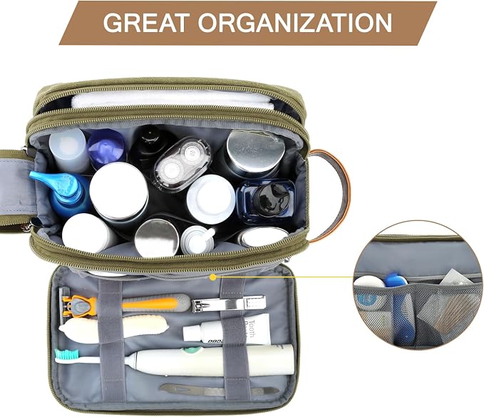 BAGSMART Toiletry Bag for Men, Canvas Travel Toiletry Organizer Dopp Kit Water-resistant Shaving Bag for Toiletries Accessories (Green, Medium) - Image 2