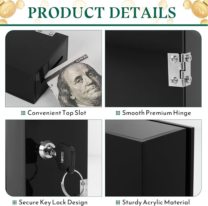 Pocket Size Acrylic Cash Box for Gambler,Winners Bank with 2 Keys Storage Bag, Compact Portable Secure Money Organizer Safe Lock Box for Casino, Control Gambler,Black,1 Pack - Image 3
