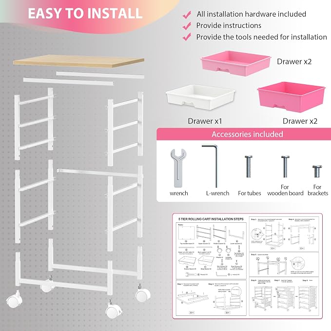 Goovilla Rolling Cart with 5 Drawers for Craft, Art, Dorm, Office, Pink | Utility Cart Organizer With 5 Removable Drawers and Wooden Tabletop, Lockable Rolling Storage Organizer for Classroom, Home - Image 6