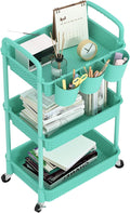 MOYIPIN 3-Tier Plastic Rolling Utility Cart with Handle,Turquoise | Utility Storage Cart for Office, Living Room, Kitchen,Movable Storage Organizer，Easy installation，Rattan-like art design by MOYIPIN