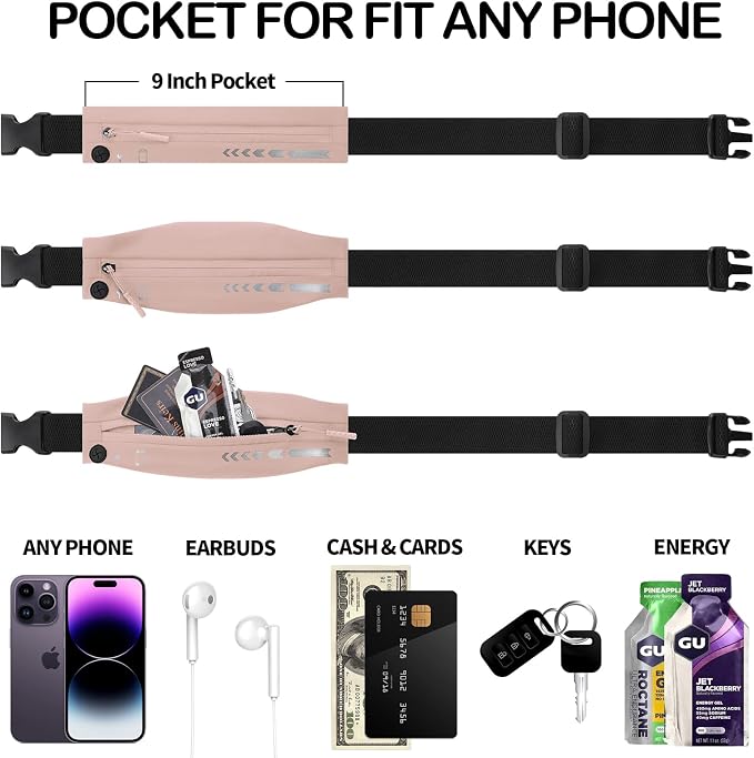 USHAKE Slim Running Belt for Women Men-Runners Phone Holder Fanny Pack, Adjustable, Bounce Free Waist Pouch bag for Workout, Money Belt, Run Gear Accessories Pink - Image 3
