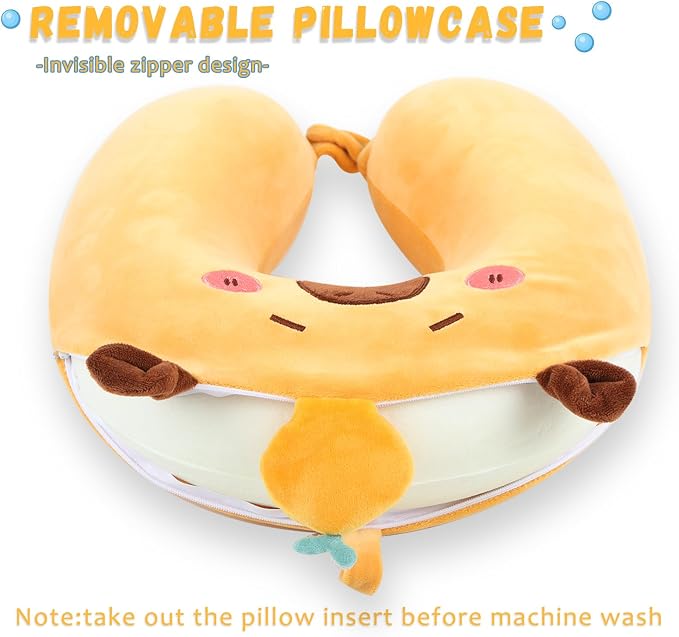 Travel Pillow, Kids Travel Pillow with Sleep Eye Mask Soft Memory Foam Kids Neck Pillow for Boys & Girls, Travel Accessories for Car Airplane Traveling - Capybara - Image 4