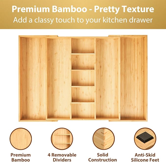 Extra Large Expandable Kitchen Drawer Organizer for Utensil and Junk, 19" Deep for Big Drawer, 17" to 28" Adjustable Bamboo Wood Drawer Divider, Cutlery Tray, Flatware Holder - Image 3