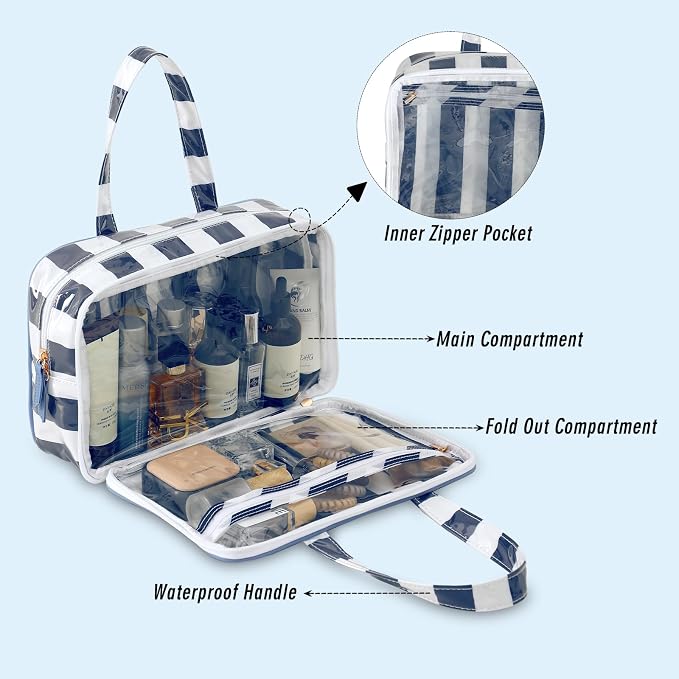 Toiletry Bag for Women, White and Navy Stripe | Clear Coated,Waterproof,Multiple Compartment,Open Flat,Handle,Travel Organizer for Shampoo,Conditioner,Cosmetic Accessories - Image 3