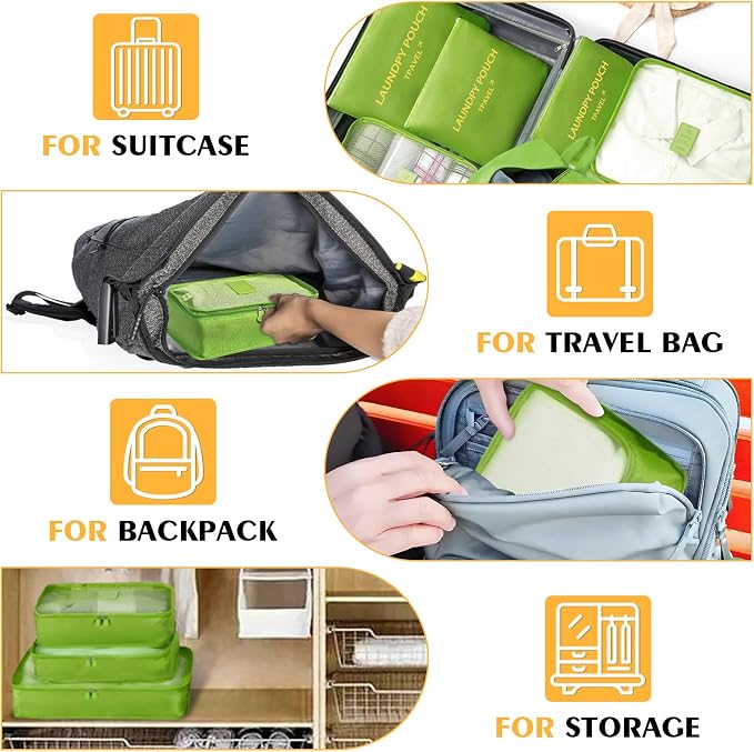 7 Set Packing Cubes for Travel Luggage Packing Bags Reusable Waterproof Suitcase Organizer Bags Set with Shoe Bag and Toiletry Bag (Green) - Image 8
