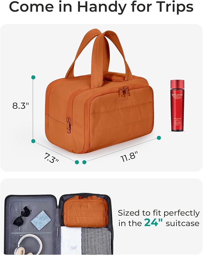 BAGSMART Travel Toiletry Bag, Puffy Toiletry Bag for Women, Wide-open toiletry bags for traveling, Large Travel Cosmetic Makeup Bag Organizer for Accessories,Toiletrie (Sandstore Brown) - Image 3