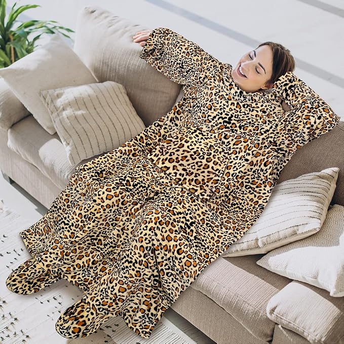 PAVILIA Fleece Blanket with Sleeves, Foot Pockets for Women Men Adults, Plush Wearable Blanket Throw Wrap, Warm Snuggle Blanket Robe, Cozy Gift Ideas Wife Mom, Cheetah Print - Image 3