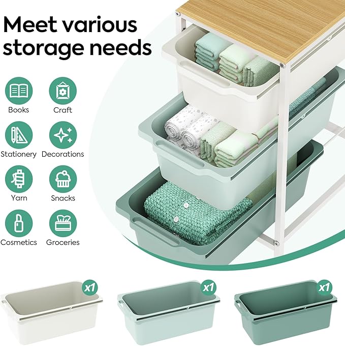 KINGBOARD Slim Rolling Cart with 3 Drawers, Metal Utility Storage Cart | Wooden Tabletop, Lockable Wheels, Under Desk Trolley for Bedroom, Children's Room and Office Organization, Green - Image 3