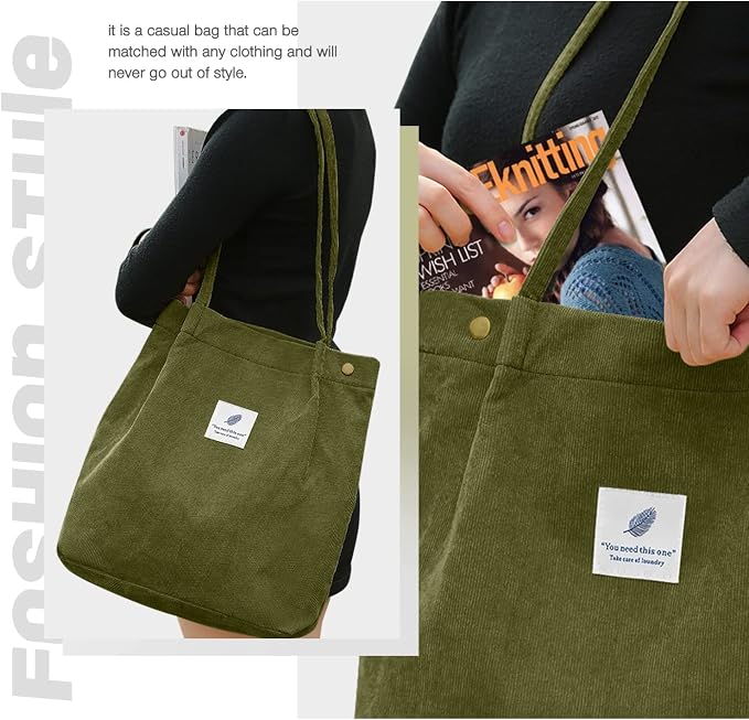 LHMTQVK Corduroy Tote Bags for Women, Large Capacity Tote Purse Reusable Grocery Shoulder Bag with Inner Pockets - Image 5