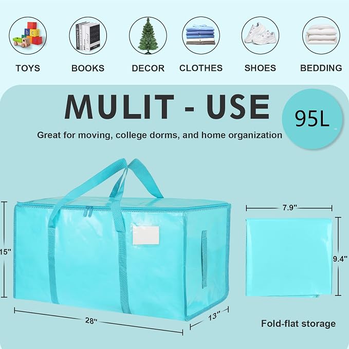 16 Pack-Extra Large Heavy Duty Moving Bags - Waterproof Storage Totes with Handles & Zippers, Foldable for College Dorm, Storage (lake blue) - Image 2