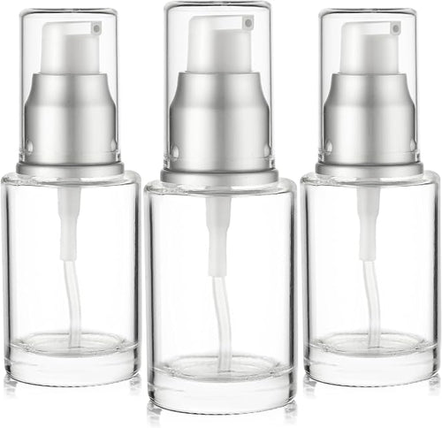 1 Oz 30ml Refillable Luxury Clear Glass Lotion Travel Pump Bottle with Silver Cap for Cosmetics, Lotion, Body Cream, Sanitizers, Cream, Foundation (Pack of 3) | Luxury, Lotion, Serum, Foundation, Body Cream, Sanitizer, Cosmetics, Travel - Image 2