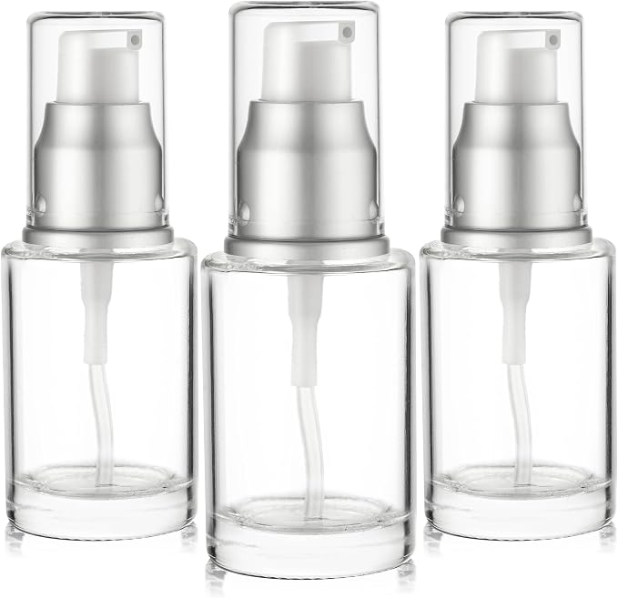1 Oz 30ml Refillable Luxury Clear Glass Lotion Travel Pump Bottle with Silver Cap for Cosmetics, Lotion, Body Cream, Sanitizers, Cream, Foundation (Pack of 3) | Luxury, Lotion, Serum, Foundation, Body Cream, Sanitizer, Cosmetics, Travel by Vitalup