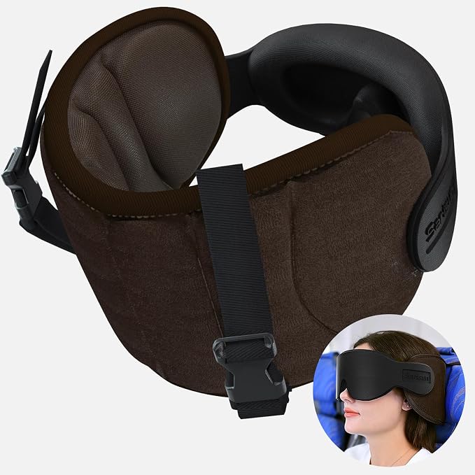 SARISUN Travel Pillows for Airplanes, Stable Head Support, Travel Essential | Airplane Pillow with Eye Mask, Seat Strap Secures to Headrest, for Stop Bobblehead, for Long Flight Road Trip, Dark Brown by SARISUN