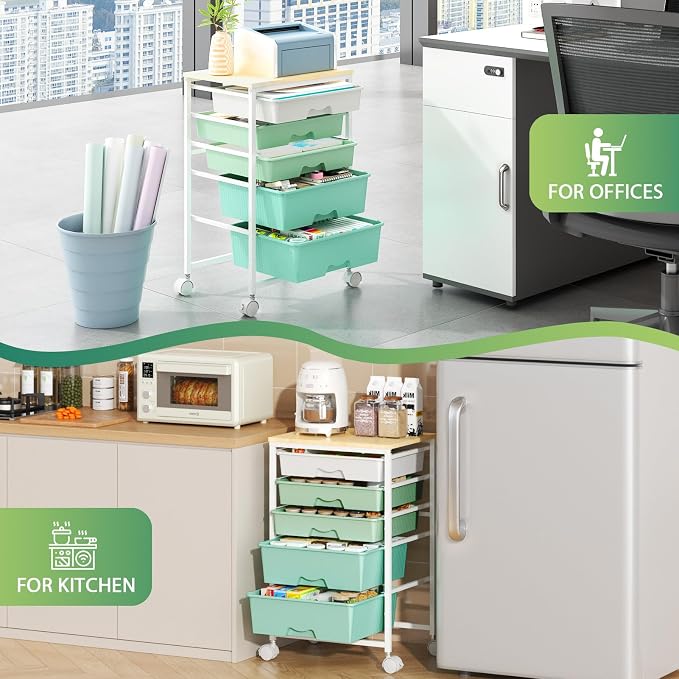 Goovilla Rolling Cart with 5 Drawers for Craft, Art, Dorm, Office, Green | Utility Cart Organizer With 5 Removable Drawers and Wooden Tabletop, Lockable Rolling Storage Organizer for Classroom, Home - Image 9