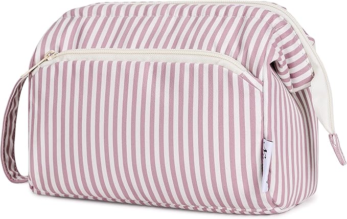 Narwey Striped Makeup Bag Women Wide-open Make up Bag Travel Cosmetic Bag Organizer Toiletry Bag for Cosmetics Toiletries Accessories (Dusty Rose Stripe) by Narwey