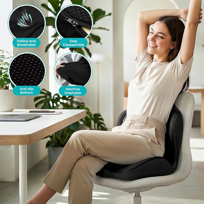 Memory Foam Seat Cushion with Lumbar Support Pillow for Truck Driver, Ergonomic L-Shaped Car Seat Cushion for Tailbone Pressure Relief, Non-Slip Chair Pad for Long Driving, Black - Image 3
