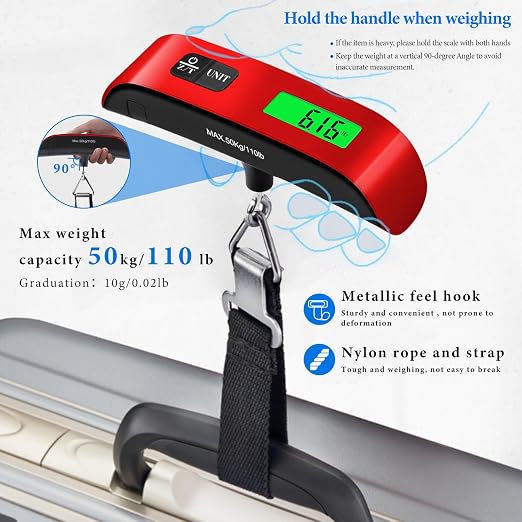 Luggage Scale, 110lb/50kg Portable Luggage Weight Scale, Red | Unit Conversion,Automatic overload,Low battery warning modes,LED Display,for Weighing Luggage, Backpacks, Fruits and Pets - Image 4