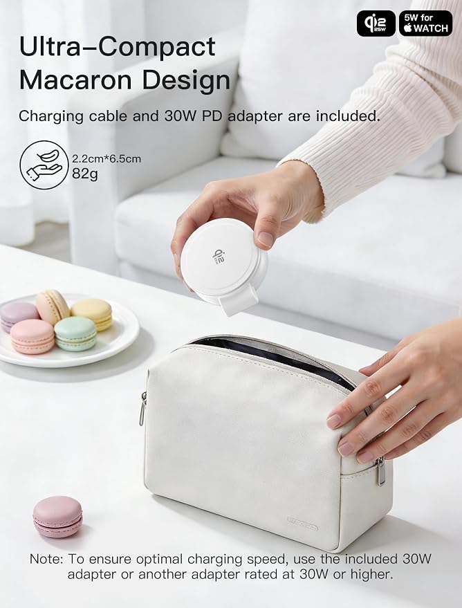 2 in 1 Magnetic Wireless Charger, Qi2 25W Fast Charging Travel Station Pad Compatible with MagSafe for iPhone Air/17/16/15/14/13/12, 5W for Apple Watch, AirPods 4/3/2/Pro with 30W Adapter(White) - Image 9