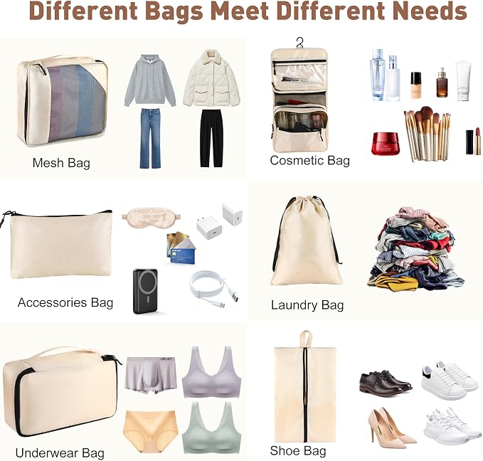 Toncoke 8-Piece Packing Cubes for Travel, 2026 Upgraded Durable Zippers & Reinforced Mesh, Complete Luggage Organizer Set with Shoe/Toiletry/Laundry Bags, 4 Sizes for Suitcase, Men Women, (Beige) - Image 4