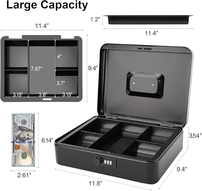 Jssmst X- Large Cash Box with Combination Lock - Durable Metal Cash Box with Money Tray, Black, 11.81 x 9.84 x 3.46 inches, CB0701XLN - Image 3