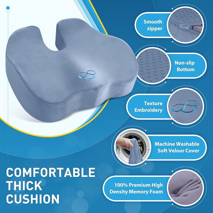 BlissTrends Thick Seat Cushion for Office Chair & Car Seat, XL, LightBlue | 5.2in Memory Foam with Removable Velvet Cover, Ergonomic Tailbone & Sciatica Support for Pressure Relief and Long Sitting - Image 4