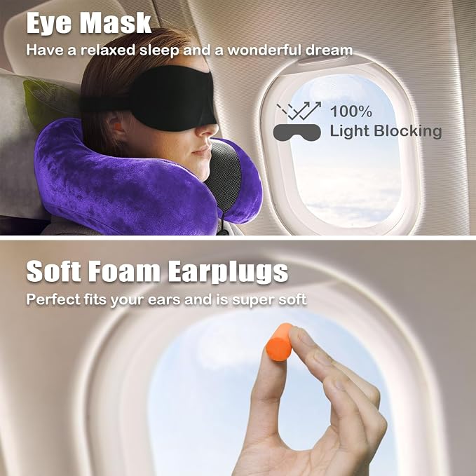 Travel Pillow, Memory Foam Neck Pillow for Traveling, U Shape Neck Pillow Airplane Portable Flight Pillow Travel Kit with 5D Contoured Eye Masks and Earplug for Plane Train Car Home Office - Image 2