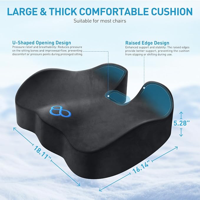 BlissTrends Thick Seat Cushion for Office Chair & Car Seat, XL, Grey | 5.2in Memory Foam with Removable Velvet Cover, Ergonomic Tailbone & Sciatica Support for Pressure Relief and Long Sitting - Image 2